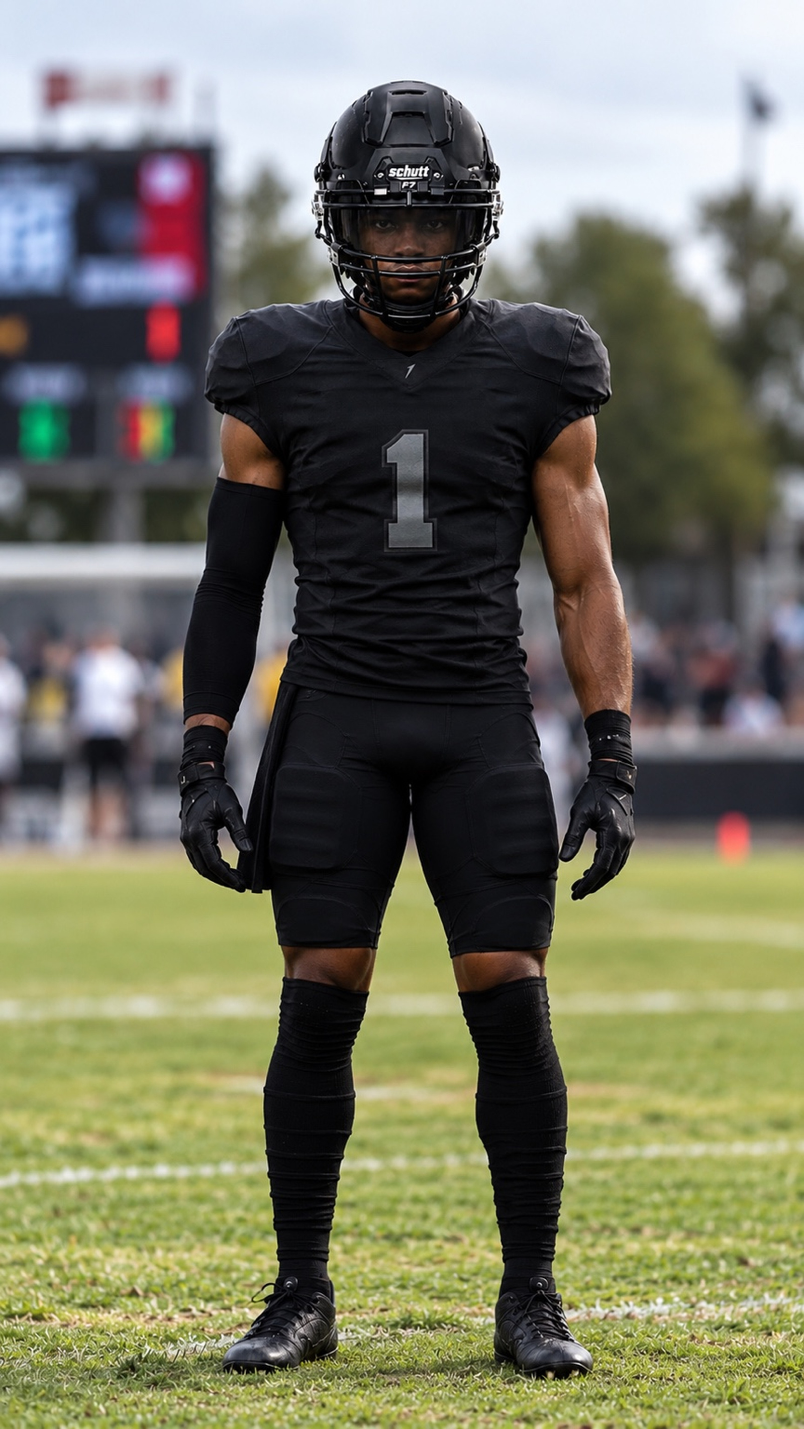 Football player in an all-black number 1 uniform and Schutt F7 helmet standing on the field