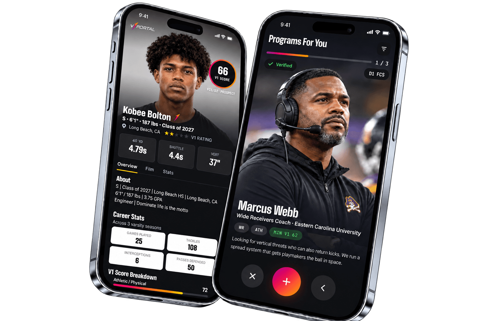 V1Portal athlete profile with V1 Score and the Programs For You match deck on iPhone
